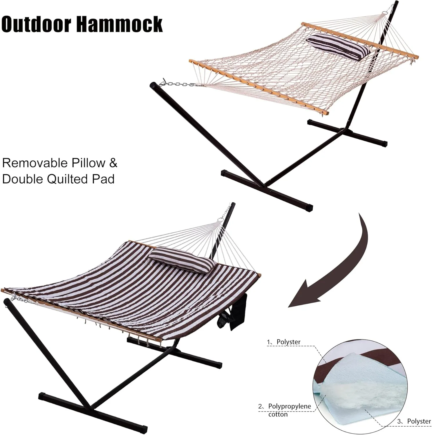 Lazy Daze Hammocks Double Hammock with 12 ft Steel Stand, 2 Person Cotton Rope Hammock with Quilted Pad, Spreader Bars, Detachable Pillow, Mag Bag & Cup Holder, Brown/White Stripe