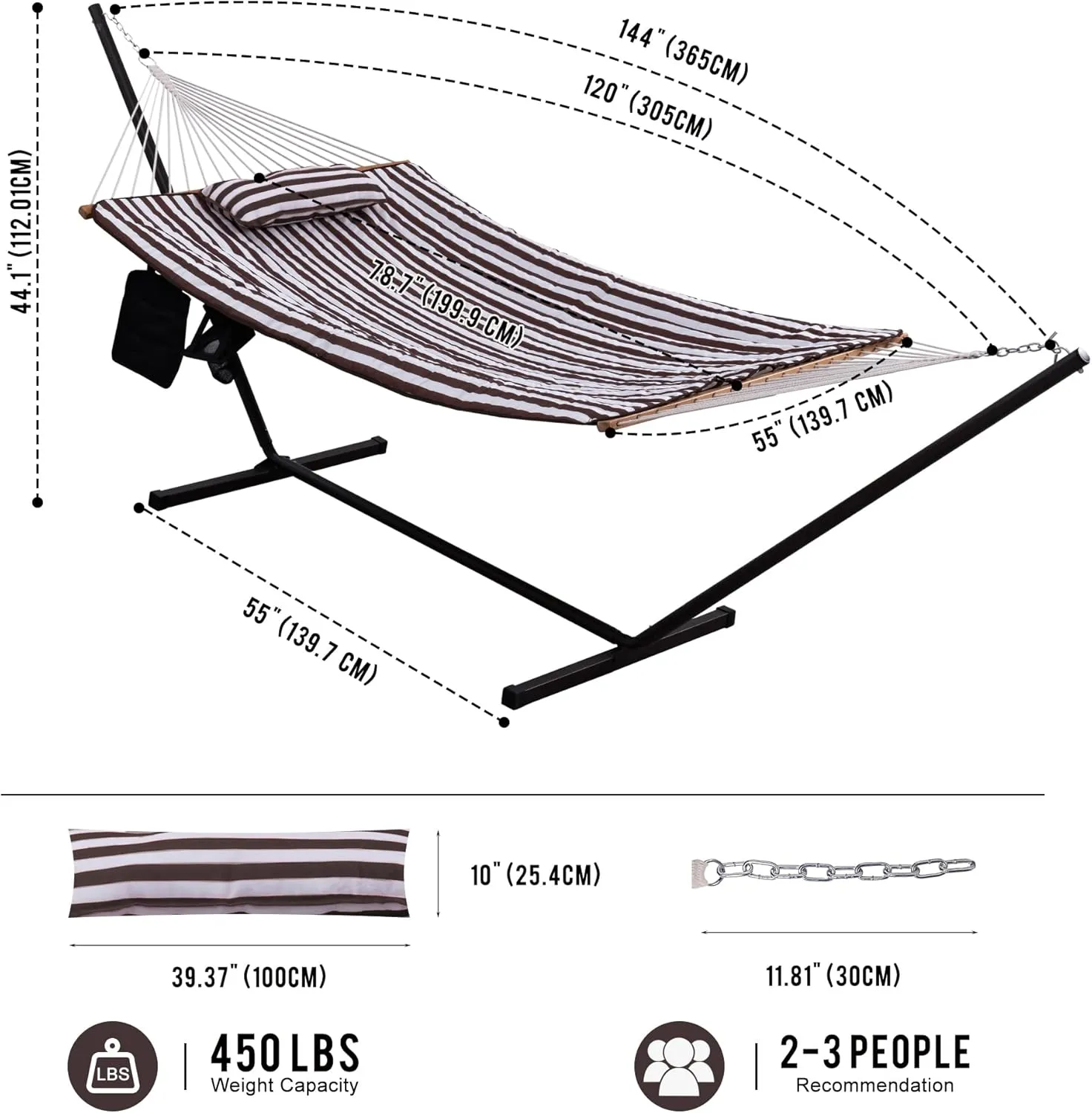 Lazy Daze Hammocks Double Hammock with 12 ft Steel Stand, 2 Person Cotton Rope Hammock with Quilted Pad, Spreader Bars, Detachable Pillow, Mag Bag & Cup Holder, Brown/White Stripe