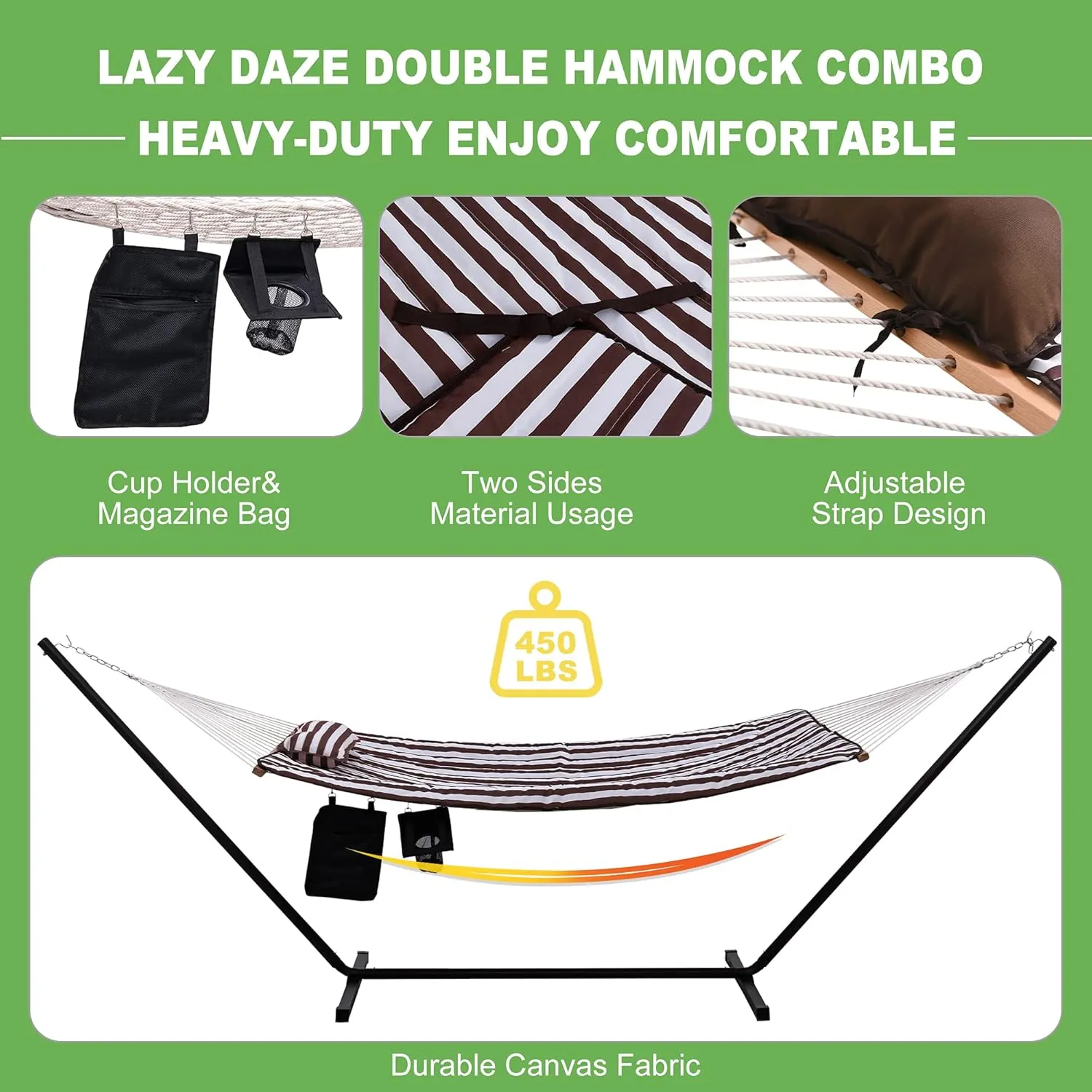 Lazy Daze Hammocks Double Hammock with 12 ft Steel Stand, 2 Person Cotton Rope Hammock with Quilted Pad, Spreader Bars, Detachable Pillow, Mag Bag & Cup Holder, Brown/White Stripe
