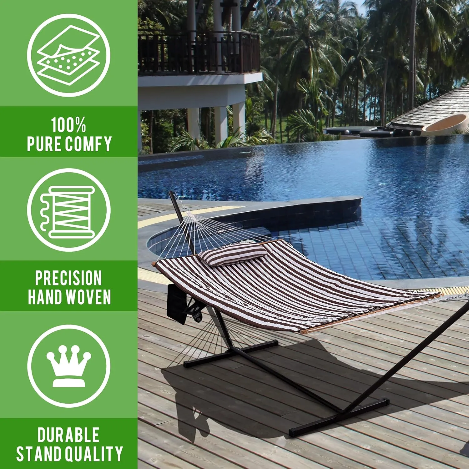 Lazy Daze Hammocks Double Hammock with 12 ft Steel Stand, 2 Person Cotton Rope Hammock with Quilted Pad, Spreader Bars, Detachable Pillow, Mag Bag & Cup Holder, Brown/White Stripe