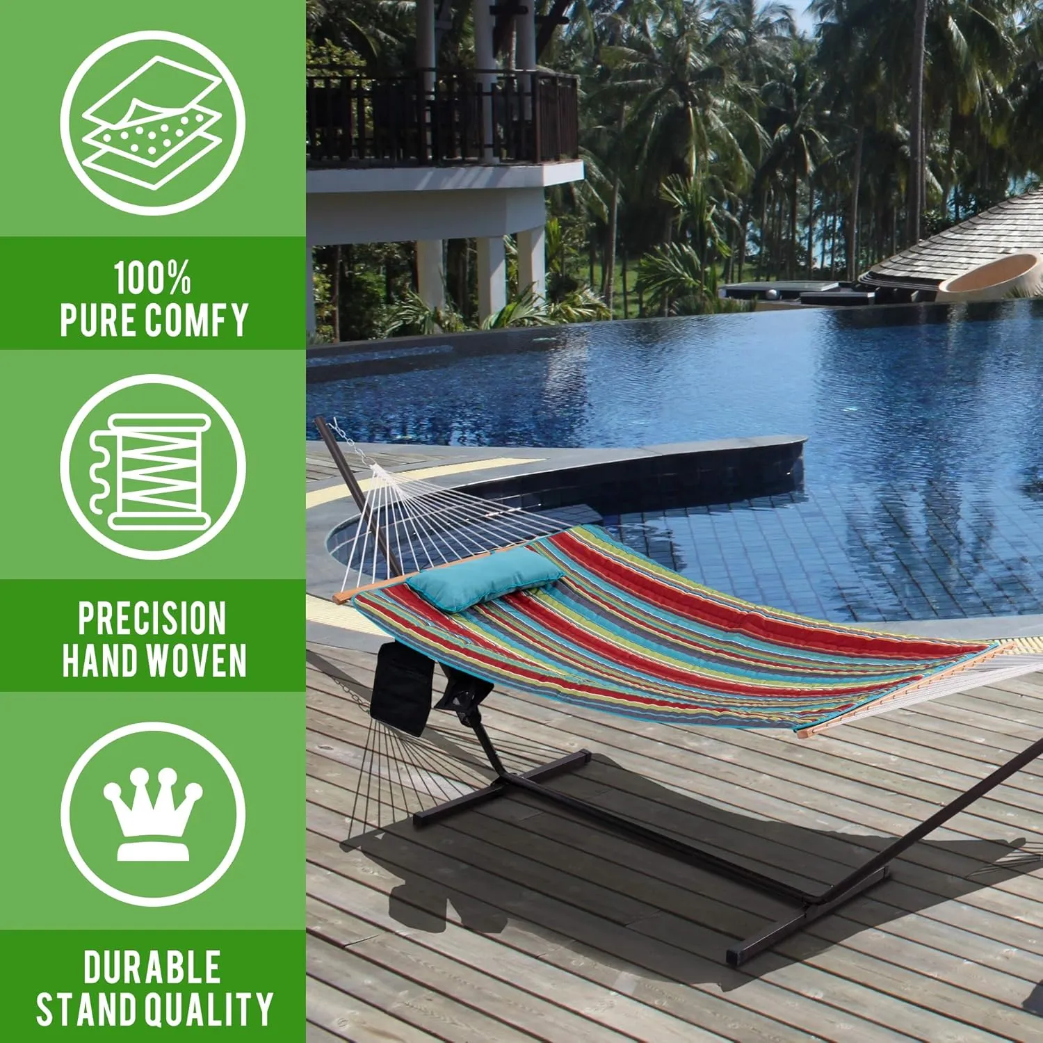 Lazy Daze Hammocks Double Outdoor Hammock with 12 ft Steel Stand, 2 Person Cotton Rope Hammock with Quilted Pad, Spreader Bars, Detachable Pillow, Mag Bag & Cup Holder, Blue&Red Stripe