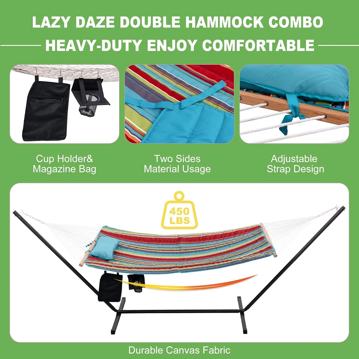 Lazy Daze Hammocks Double Outdoor Hammock with 12 ft Steel Stand, 2 Person Cotton Rope Hammock with Quilted Pad, Spreader Bars, Detachable Pillow, Mag Bag & Cup Holder, Blue&Red Stripe