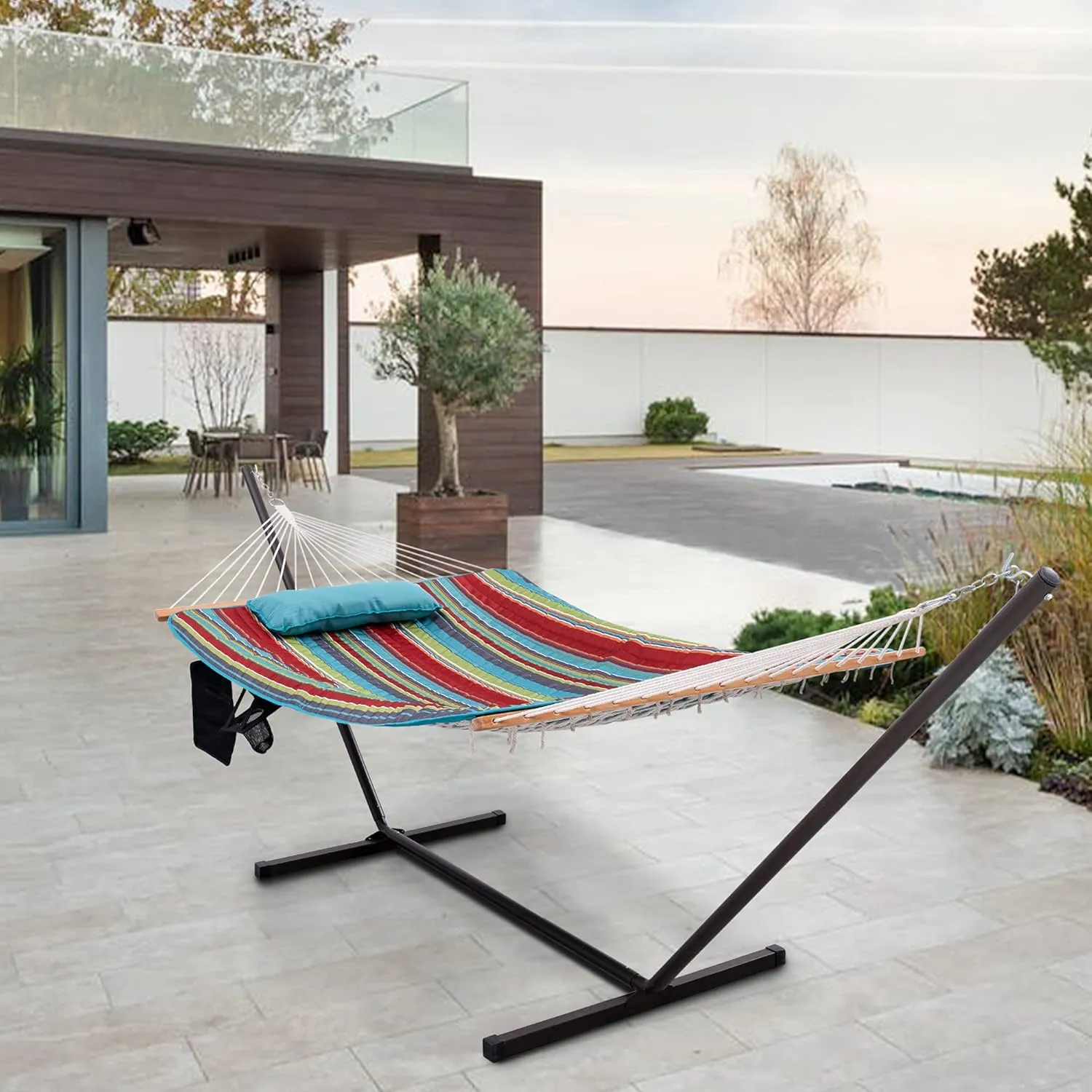Lazy Daze Hammocks Double Outdoor Hammock with 12 ft Steel Stand, 2 Person Cotton Rope Hammock with Quilted Pad, Spreader Bars, Detachable Pillow, Mag Bag & Cup Holder, Blue&Red Stripe