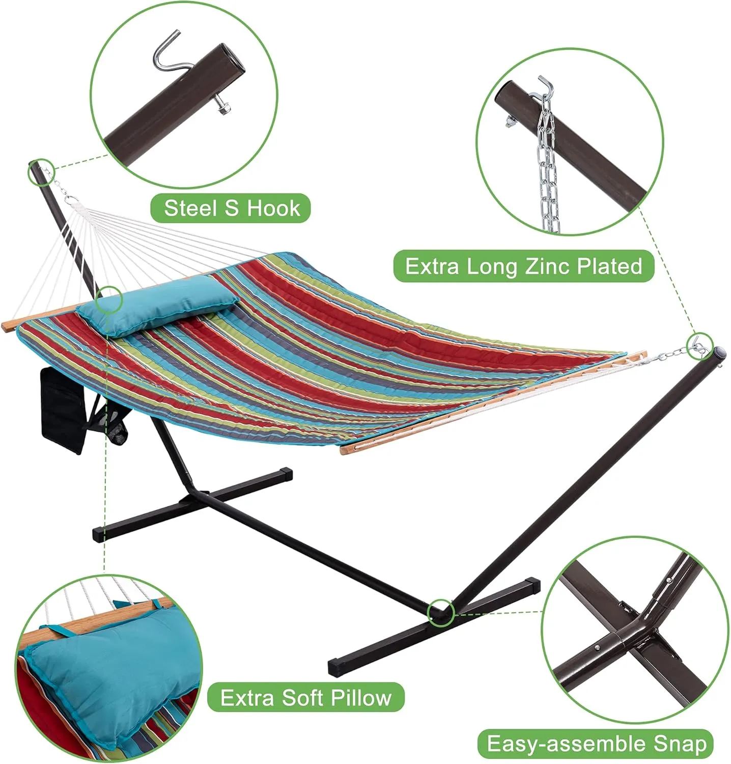 Lazy Daze Hammocks Double Outdoor Hammock with 12 ft Steel Stand, 2 Person Cotton Rope Hammock with Quilted Pad, Spreader Bars, Detachable Pillow, Mag Bag & Cup Holder, Blue&Red Stripe