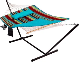 Lazy Daze Hammocks Double Outdoor Hammock with 12 ft Steel Stand, 2 Person Cotton Rope Hammock with Quilted Pad, Spreader Bars, Detachable Pillow, Mag Bag & Cup Holder, Blue&Red Stripe