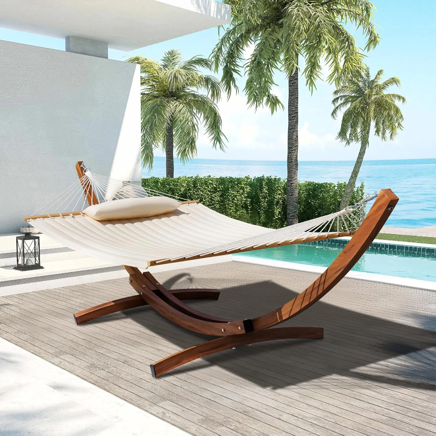 Lazy Daze Hammocks Outside 12 FT Double Quilted Hammock with Stand Included Curved Metal Heavy Duty Hammock Stand and Pillow for Outdoor 450 Lbs Capacity, Cream
