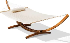 Lazy Daze Hammocks Outside 12 FT Double Quilted Hammock with Stand Included Curved Metal Heavy Duty Hammock Stand and Pillow for Outdoor 450 Lbs Capacity, Cream