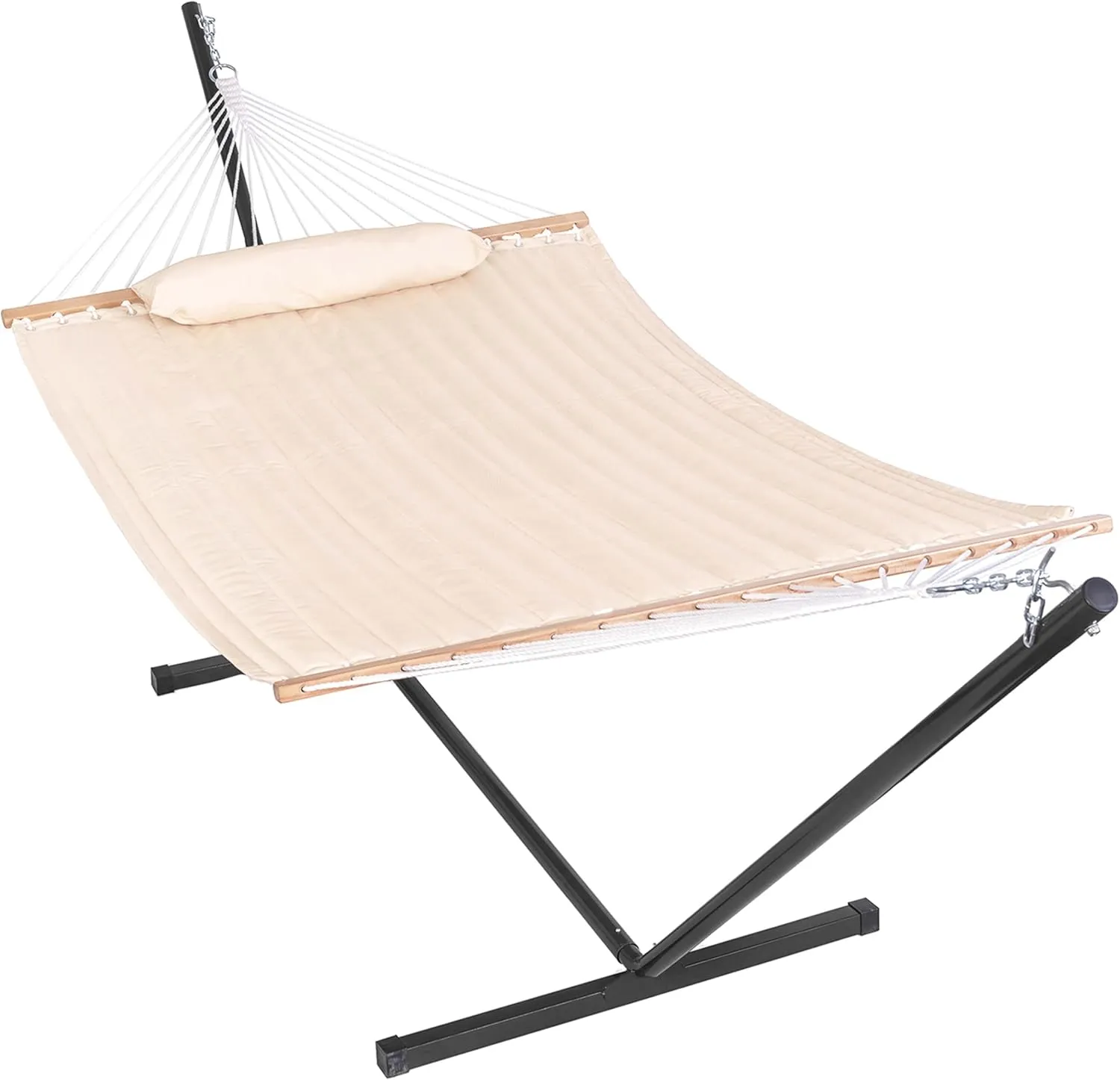 Lazy Daze Hammocks Quilted Fabric Hammock with 12 Feet Stand, 2 People Double Hammock with Stand for Outdoor Indoor Patio Garden Backyard, 450 lbs Capacity, Beige