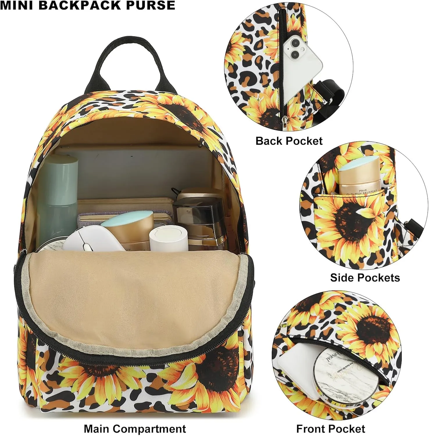 Leopard Sunflower Mini Backpack Women Girls, Small Backpack Purse for Adults Teens Kids School Travel