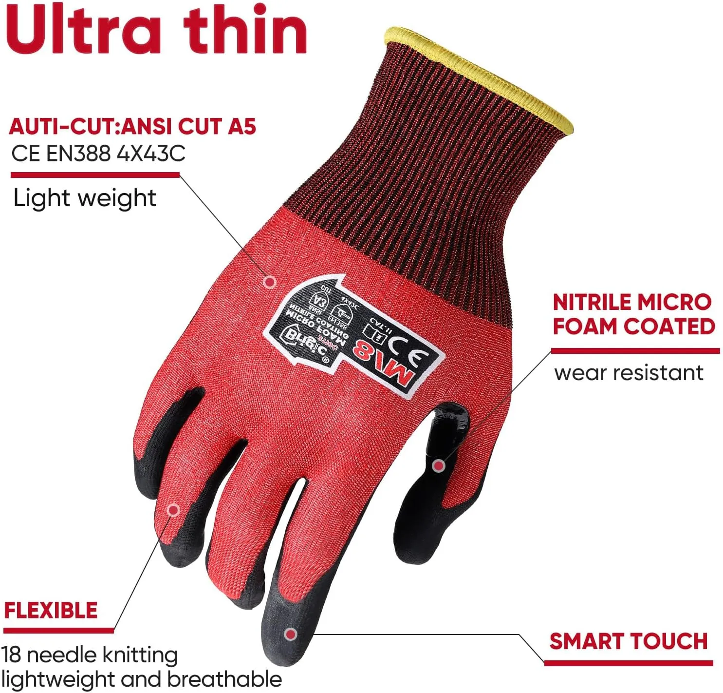 level3 Cut resistant gloves Micro Foam Nitrile Coated Touch-screen, Fiberglass-free Extreme Lightweight & Thin Red