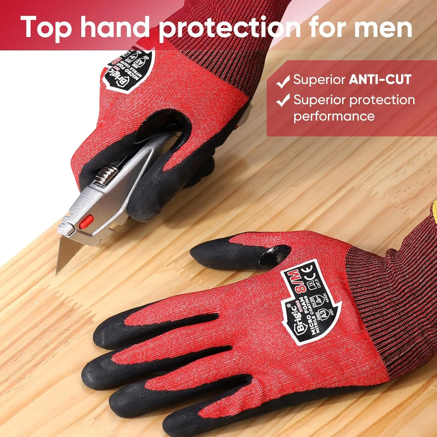 level3 Cut resistant gloves Micro Foam Nitrile Coated Touch-screen, Fiberglass-free Extreme Lightweight & Thin Red