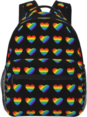 LGBT Pride Gay Love Rainbow Heart Backpack Lightweight Laptop Backpack Casual Daypack Travel Double Shoulder Bag For Women Men