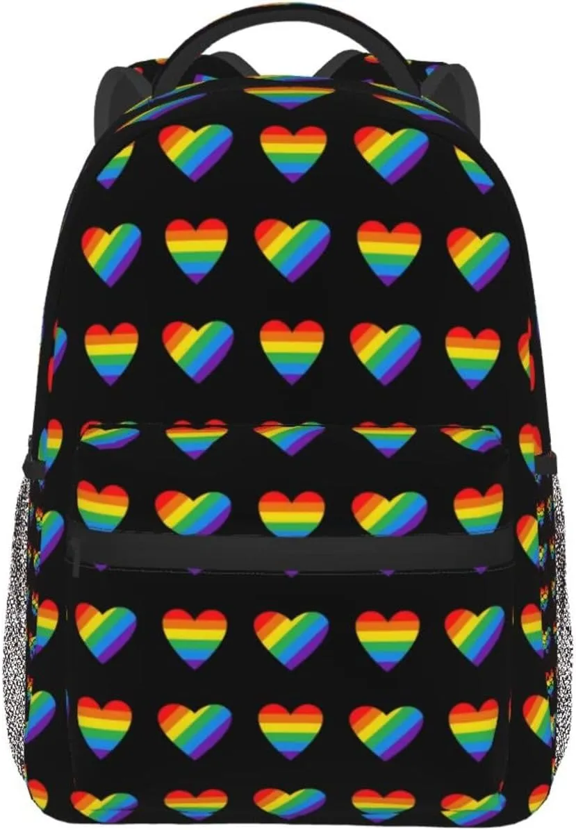 LGBT Pride Gay Love Rainbow Heart Backpack Lightweight Laptop Backpack Casual Daypack Travel Double Shoulder Bag For Women Men
