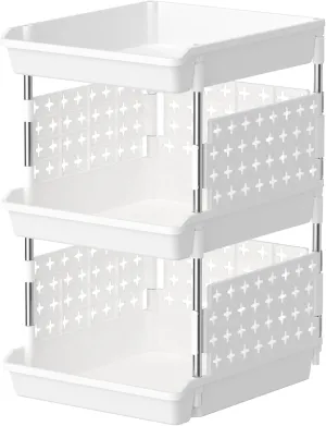 Lifewit Plastic Stackable Storage Baskets, 3 Tier Stacking Bins for Closet Wardrobe, Playroom, Kitchen and Pantry Organization, Large Capacity Multi-Functional Storage Containers Shelves, White