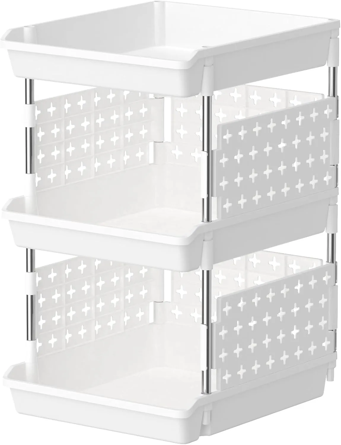 Lifewit Plastic Stackable Storage Baskets, 3 Tier Stacking Bins for Closet Wardrobe, Playroom, Kitchen and Pantry Organization, Large Capacity Multi-Functional Storage Containers Shelves, White