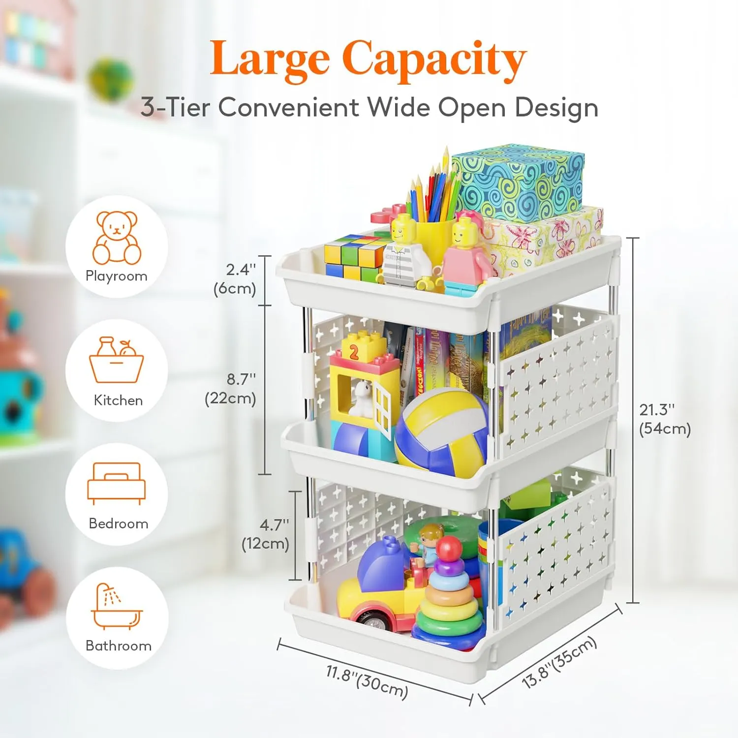 Lifewit Plastic Stackable Storage Baskets, 3 Tier Stacking Bins for Closet Wardrobe, Playroom, Kitchen and Pantry Organization, Large Capacity Multi-Functional Storage Containers Shelves, White