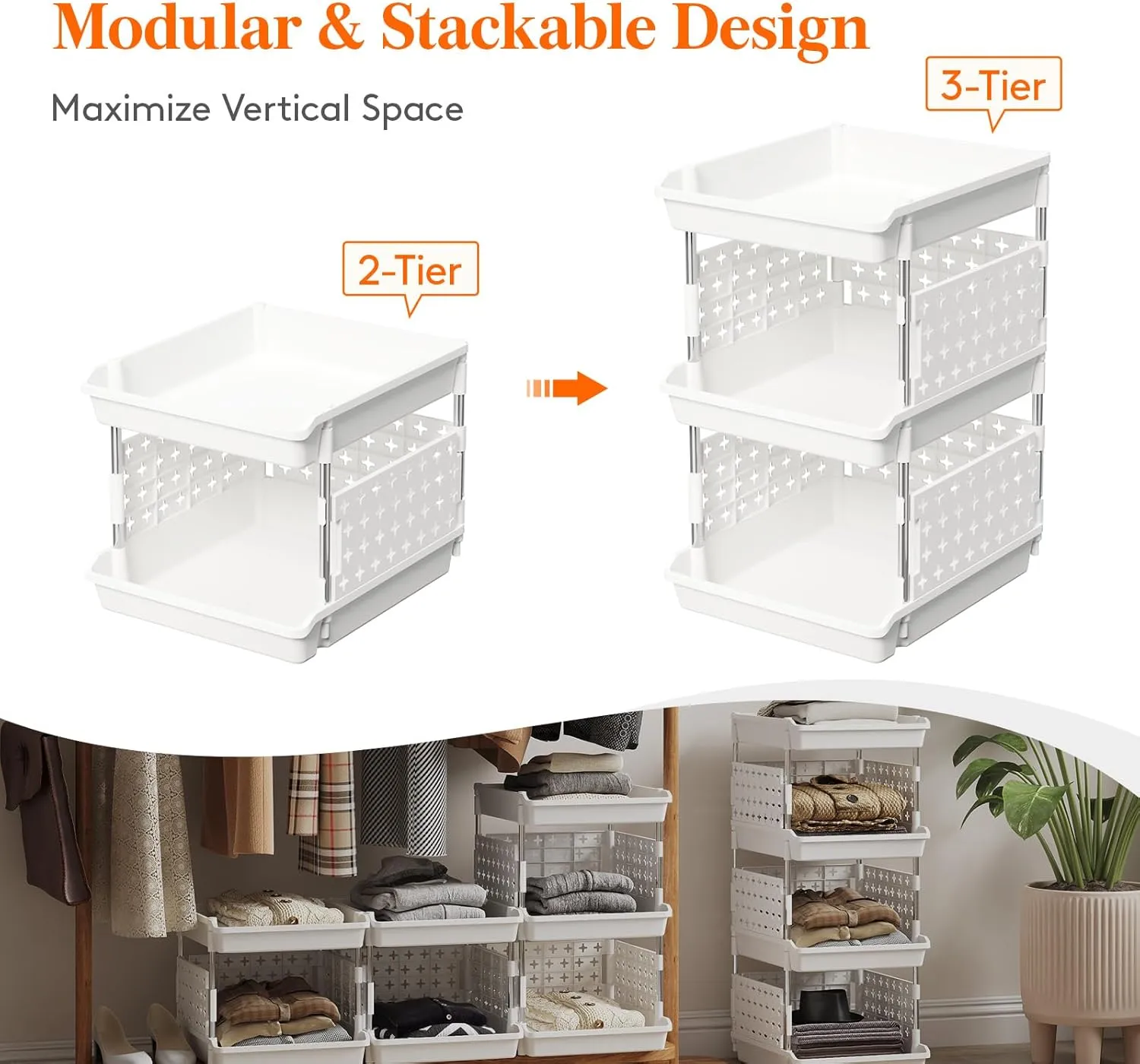 Lifewit Plastic Stackable Storage Baskets, 3 Tier Stacking Bins for Closet Wardrobe, Playroom, Kitchen and Pantry Organization, Large Capacity Multi-Functional Storage Containers Shelves, White