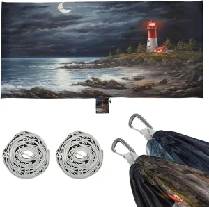 Lighthouse at Night Camping Hammock, 330 lbs with 2 Tree Straps, Carry Bag, Single Portable Hammock for Outdoor/Indoor, Hiking, Beach, Backpacking, Travel