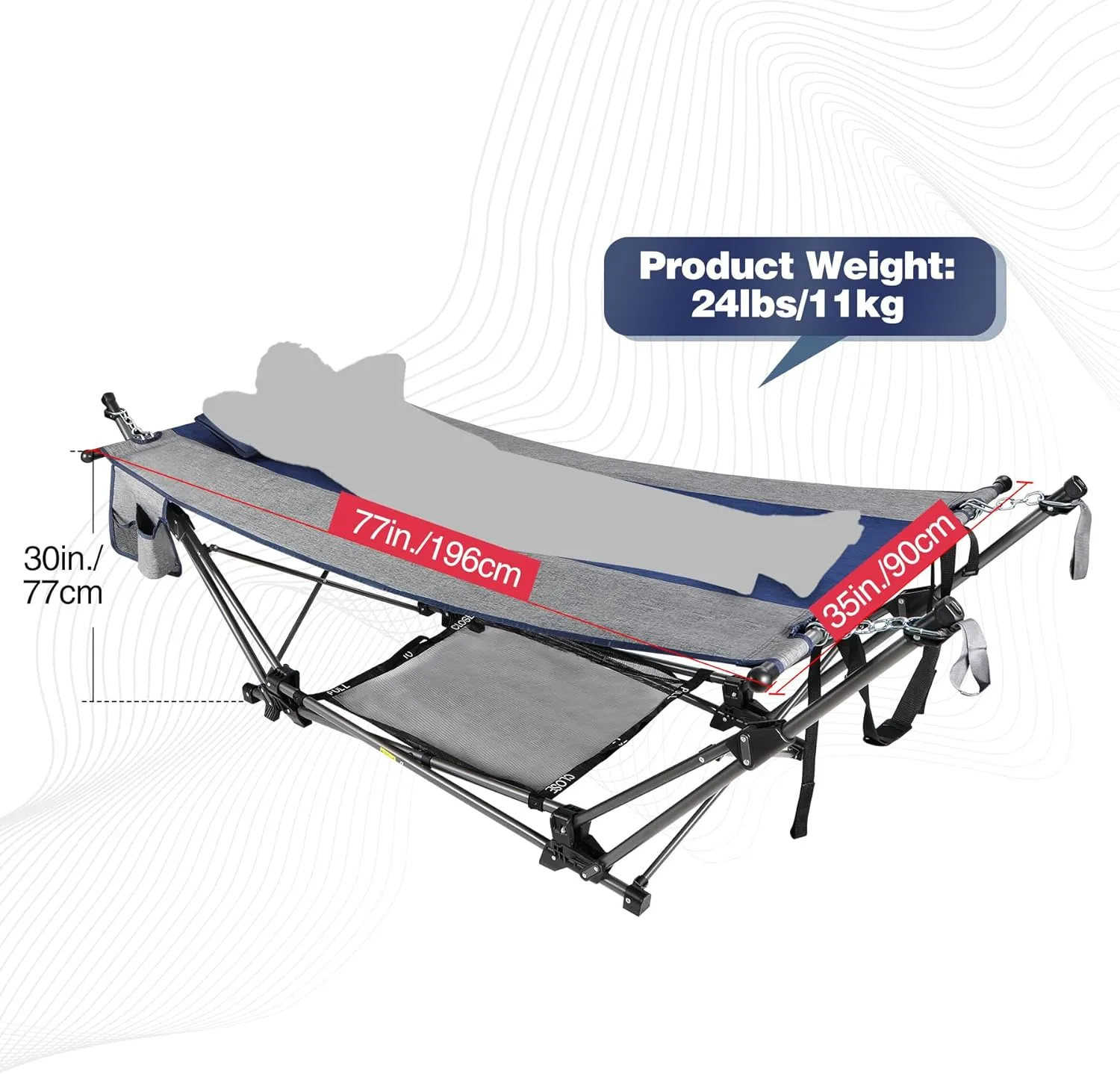 Lineslife Portable Hammock with Stand, Collapsible Foldable Hammock Includes Removable Pillow, Storage Net, Side Pocket with Cup Holder for Camping Beach Patio Travel Blue Grey