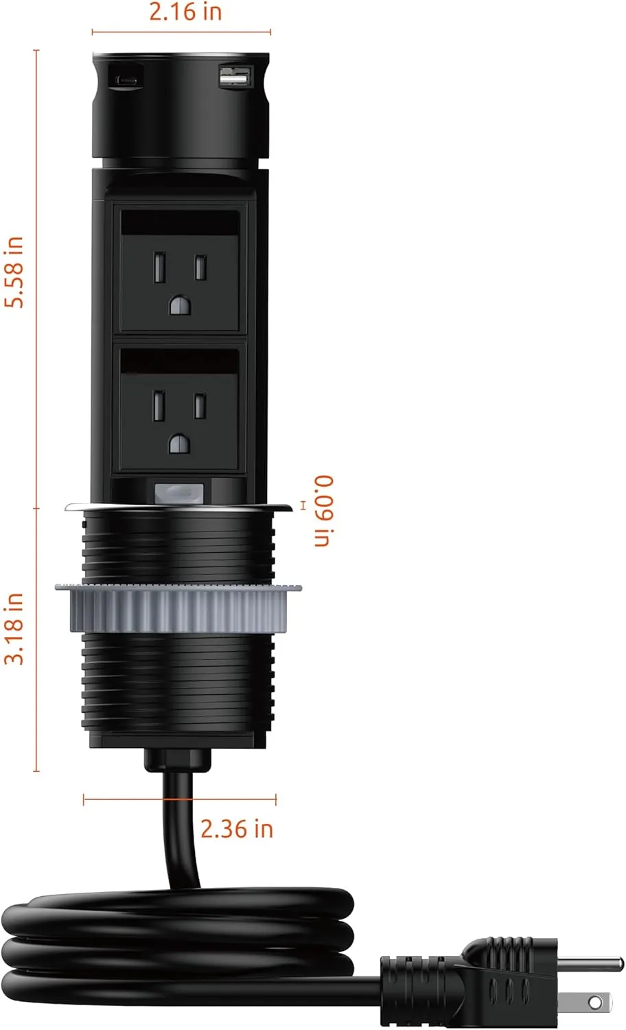 Link2Home Space Saver Pop Up Outlet, 2 Power Outlets, 2 USB Ports A/C 2.4 Amp, Splash Resistant, Overload Protection, Stainless