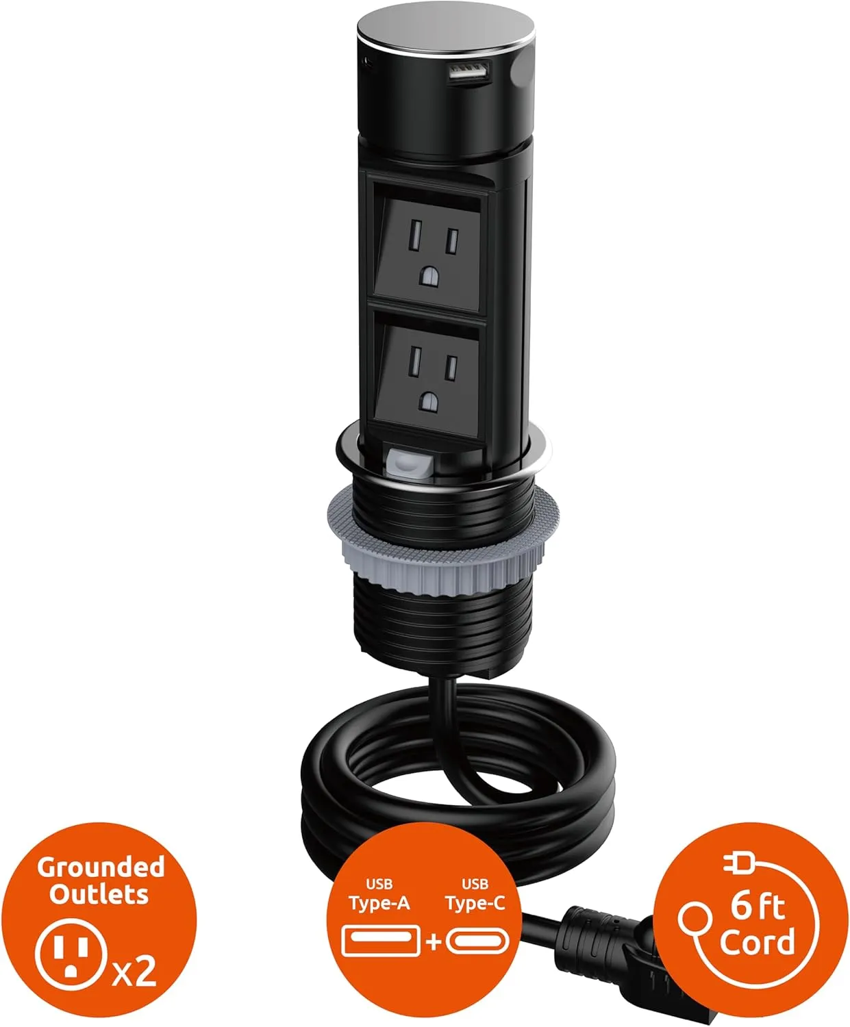 Link2Home Space Saver Pop Up Outlet, 2 Power Outlets, 2 USB Ports A/C 2.4 Amp, Splash Resistant, Overload Protection, Stainless
