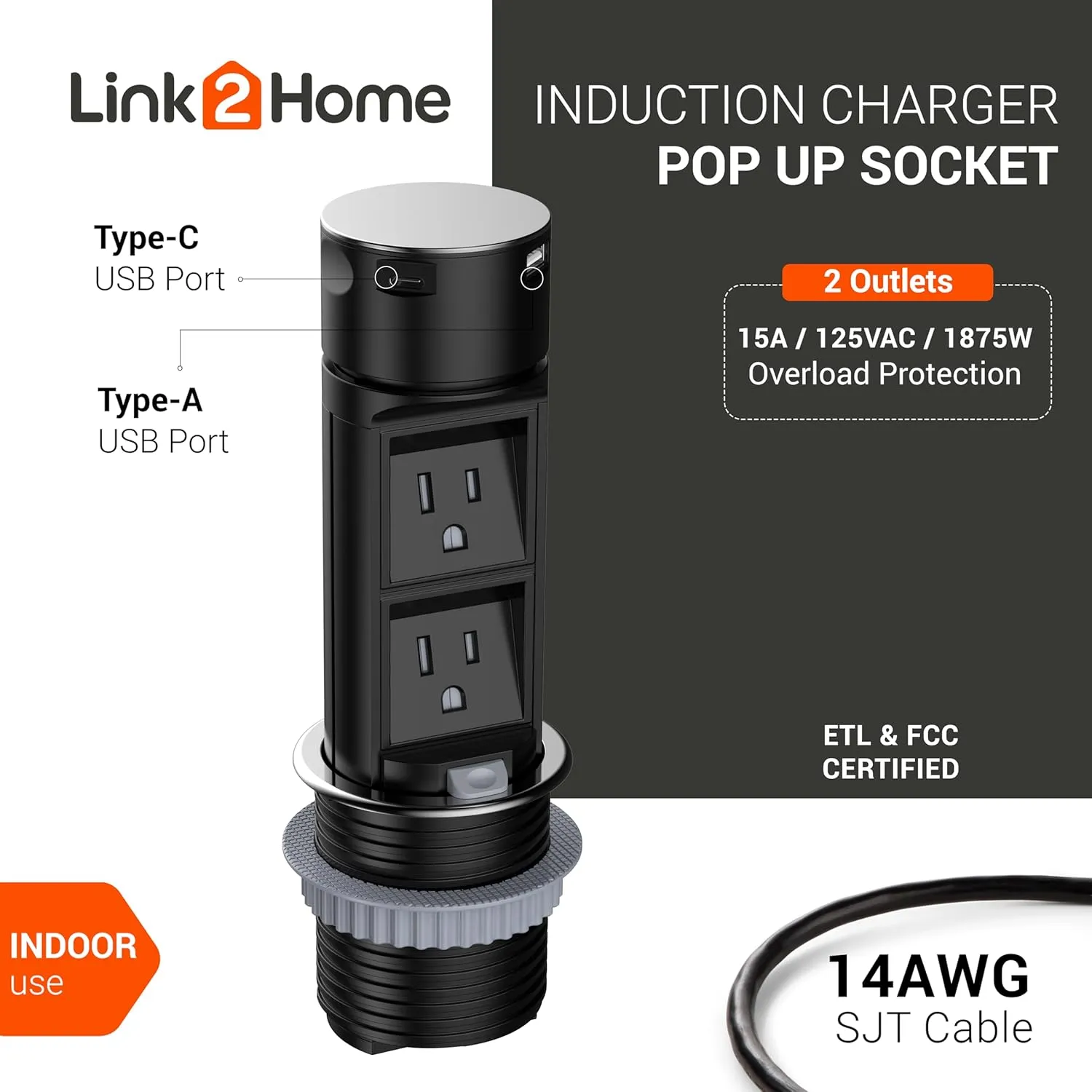 Link2Home Space Saver Pop Up Outlet, 2 Power Outlets, 2 USB Ports A/C 2.4 Amp, Splash Resistant, Overload Protection, Stainless