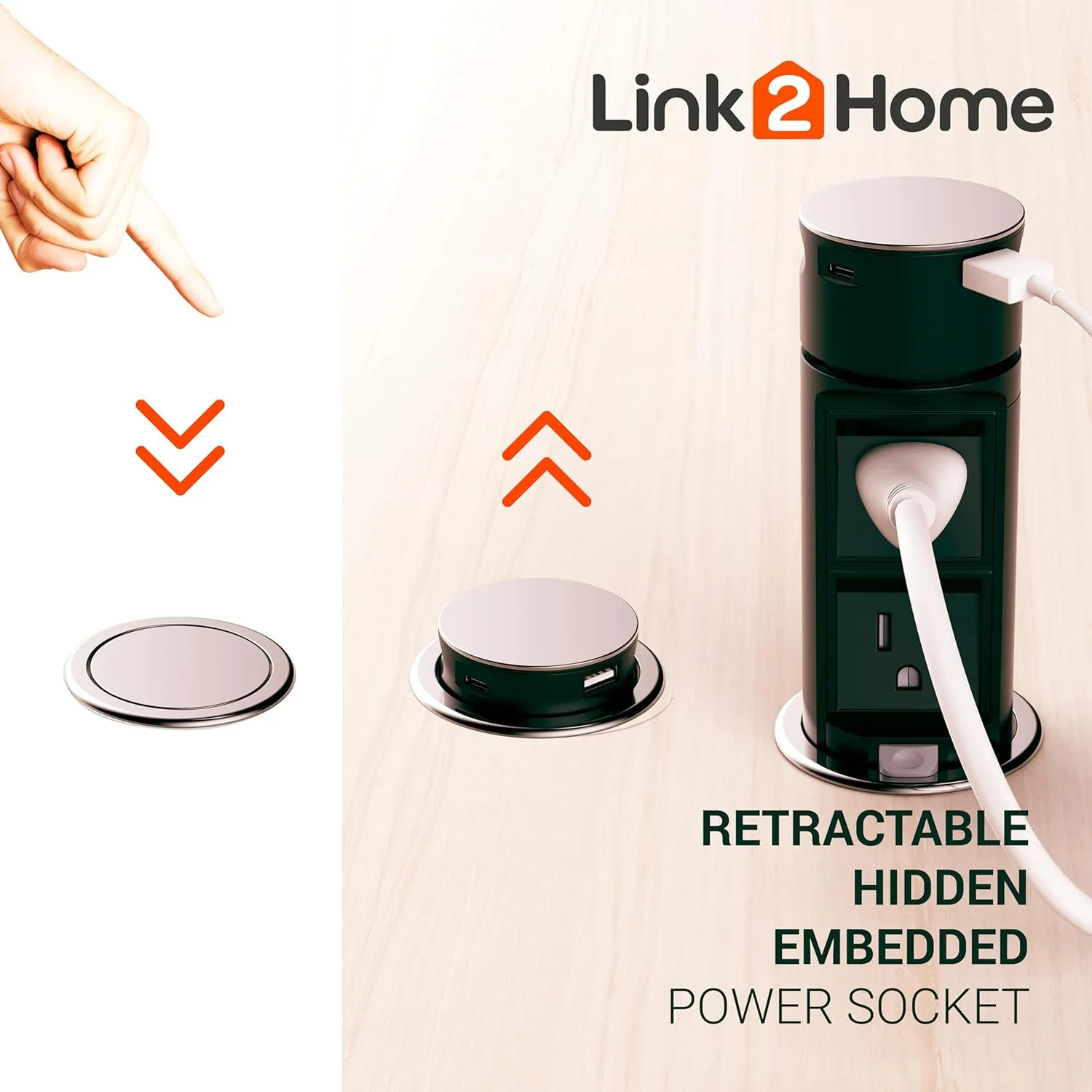 Link2Home Space Saver Pop Up Outlet, 2 Power Outlets, 2 USB Ports A/C 2.4 Amp, Splash Resistant, Overload Protection, Stainless