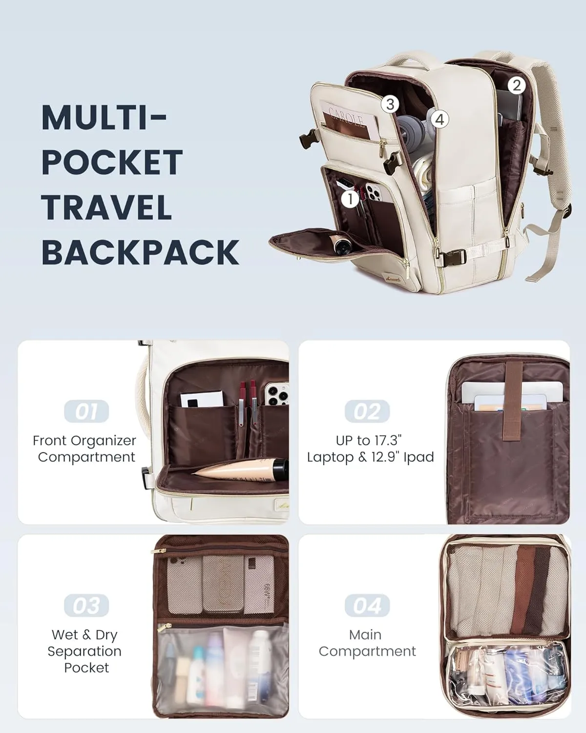LOVEVOOK Travel Backpack For Women,40L Carry On Backpack Flight Approved,TSA Personal Item Travel Bag Fits 17 Inch Laptop,Business Weekender Overnight Daypack with Toiletry Bag and Cube,White