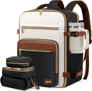LOVEVOOK Travel Backpack For Women,50L Carry On Backpack Flight Approved,TSA Personal Item Travel Bag Fits 18 Inch Laptop,Business Weekender Overnight Daypack with Toiletry Bag and Cube,White brown