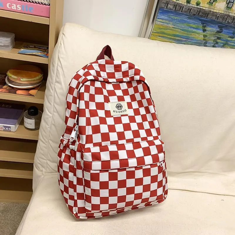 Lushandy 3PCS Checkered Backpack with Lunch Bag, Womens College Backpack Set Cute Aesthetic Daypack Checkered Laptop Backpack
