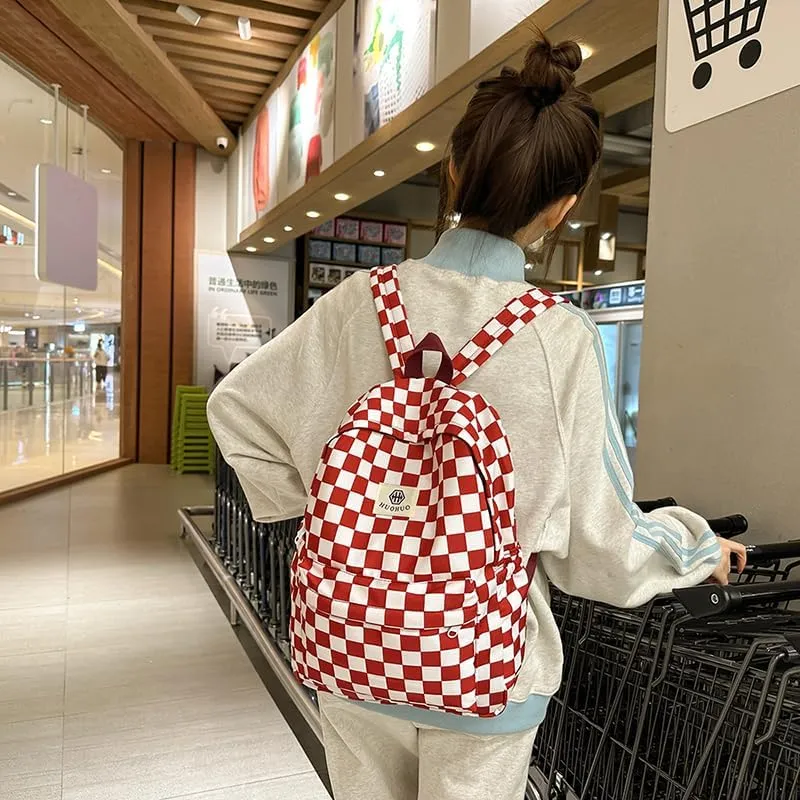 Lushandy 3PCS Checkered Backpack with Lunch Bag, Womens College Backpack Set Cute Aesthetic Daypack Checkered Laptop Backpack