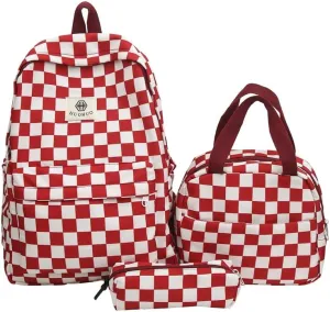 Lushandy 3PCS Checkered Backpack with Lunch Bag, Womens College Backpack Set Cute Aesthetic Daypack Checkered Laptop Backpack