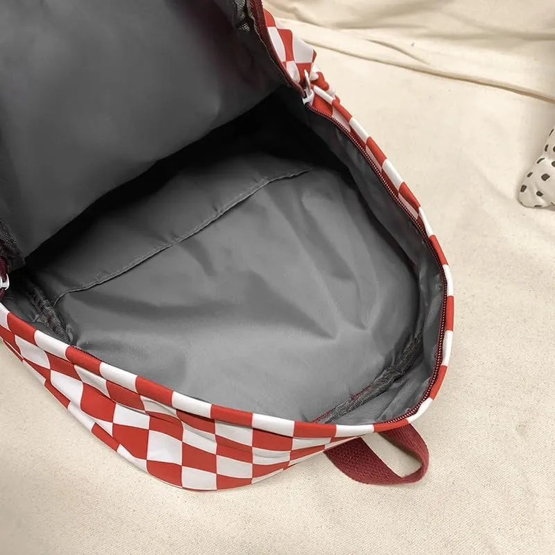 Lushandy 3PCS Checkered Backpack with Lunch Bag, Womens College Backpack Set Cute Aesthetic Daypack Checkered Laptop Backpack