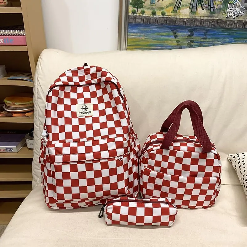 Lushandy 3PCS Checkered Backpack with Lunch Bag, Womens College Backpack Set Cute Aesthetic Daypack Checkered Laptop Backpack