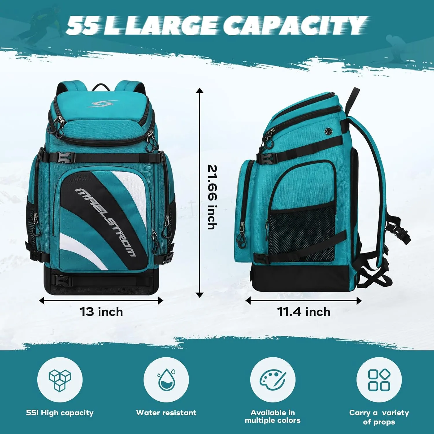 Maelstrom Ski Boot Bag,55L Large Ski Boots Travel Backpack for Men Women,Waterproof Snowboard Boot Bag for Skis Accessories