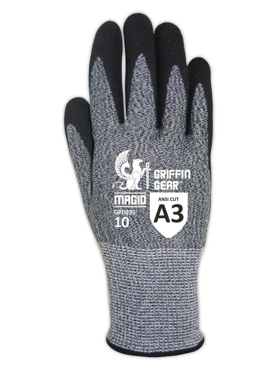 MAGID Griffin Gear ANSI A3 Hyperon Blended Sandy Nitrile Coated Work Gloves, 12 Pairs, Size 8/Medium, GPD255