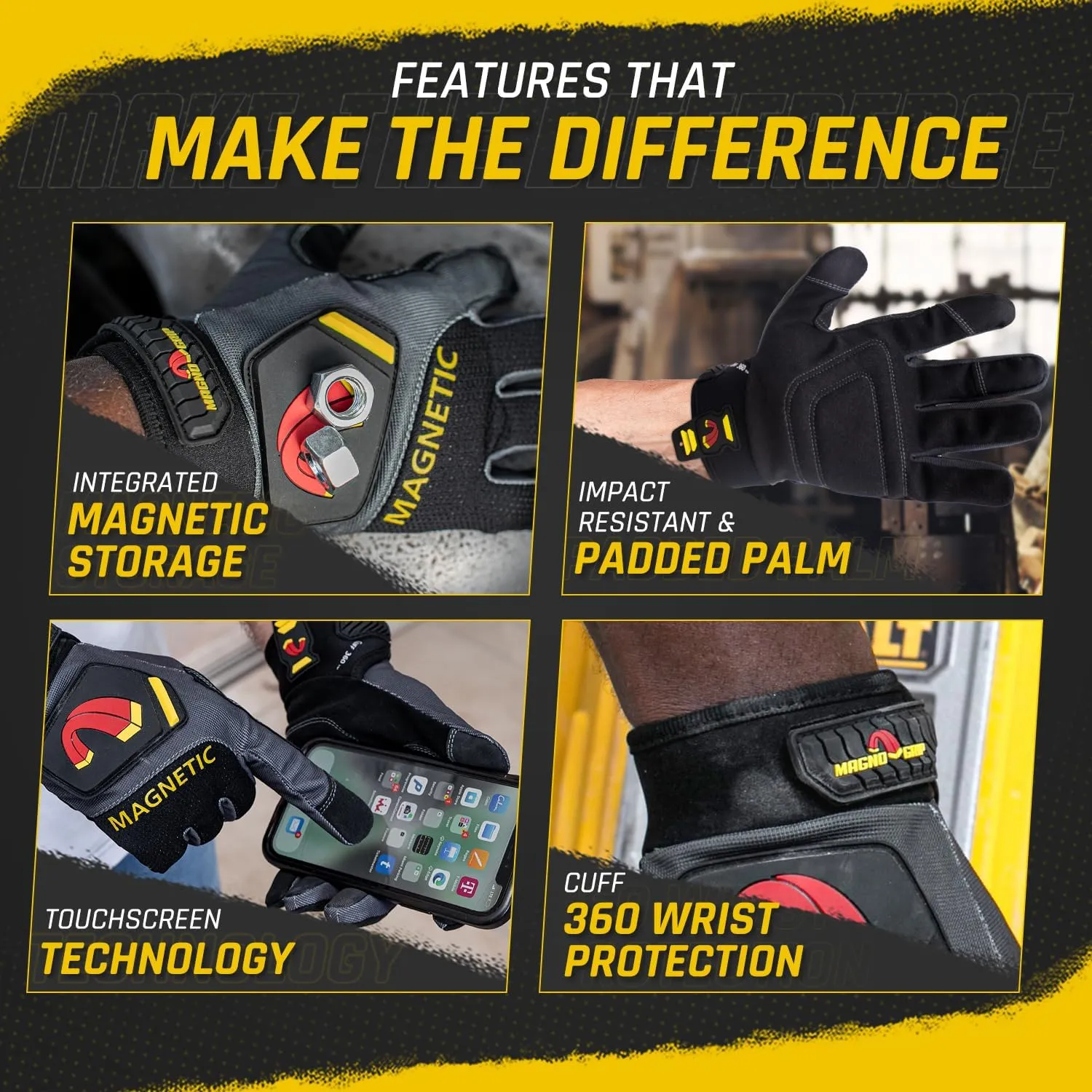 MagnoGrip Pro Performance Work Gloves with Integrated Magnetic Storage, Touchscreen Technology, Impact Resistant