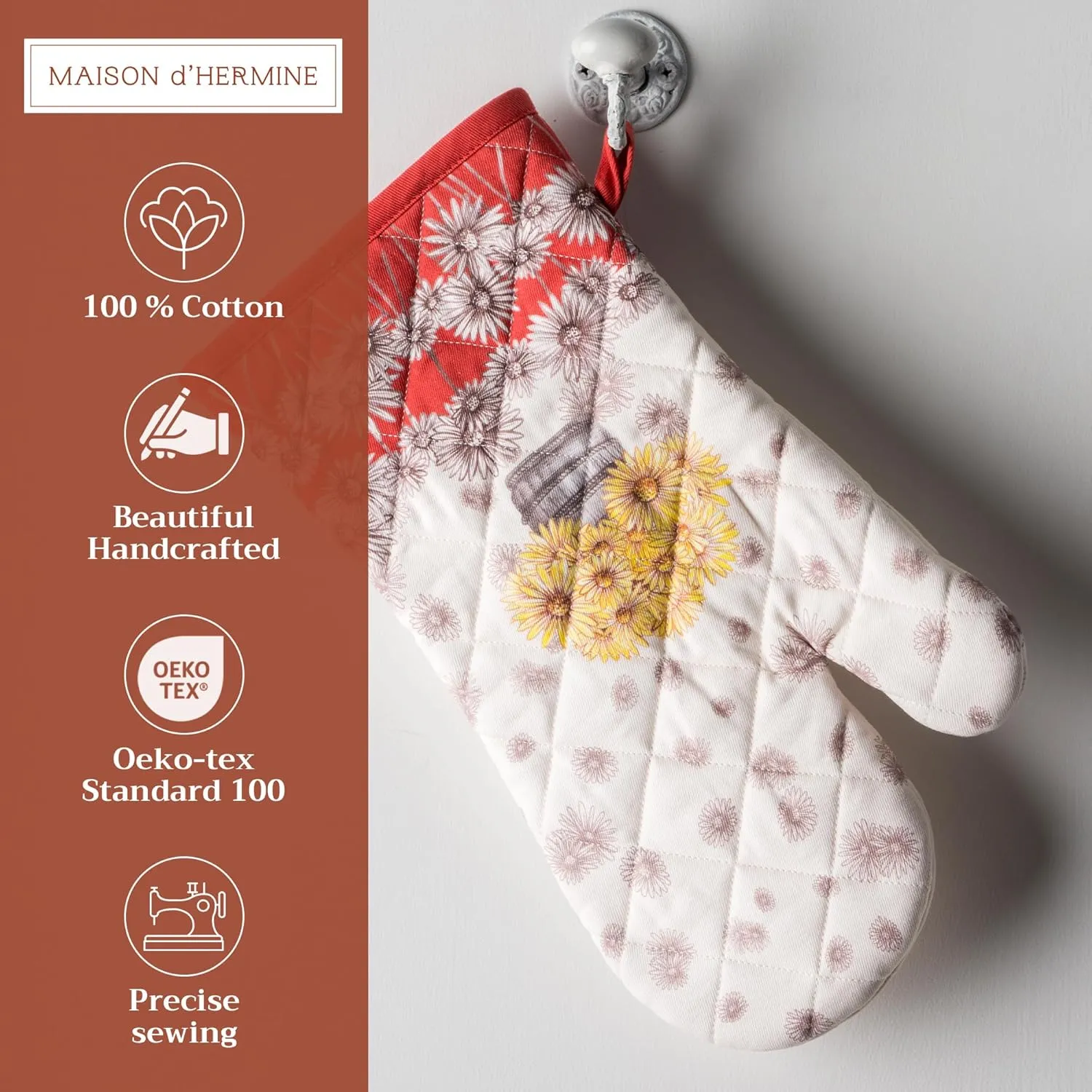 Maison d'Hermine Oven Gloves 100% Cotton Oven Mitt 7" x 13" with Loop Heat Resistant, BBQ, Cooking Gloves, Baking, Grilling, Kitchen, Handling Hot Pans (Pack of 1, Bagatelle)