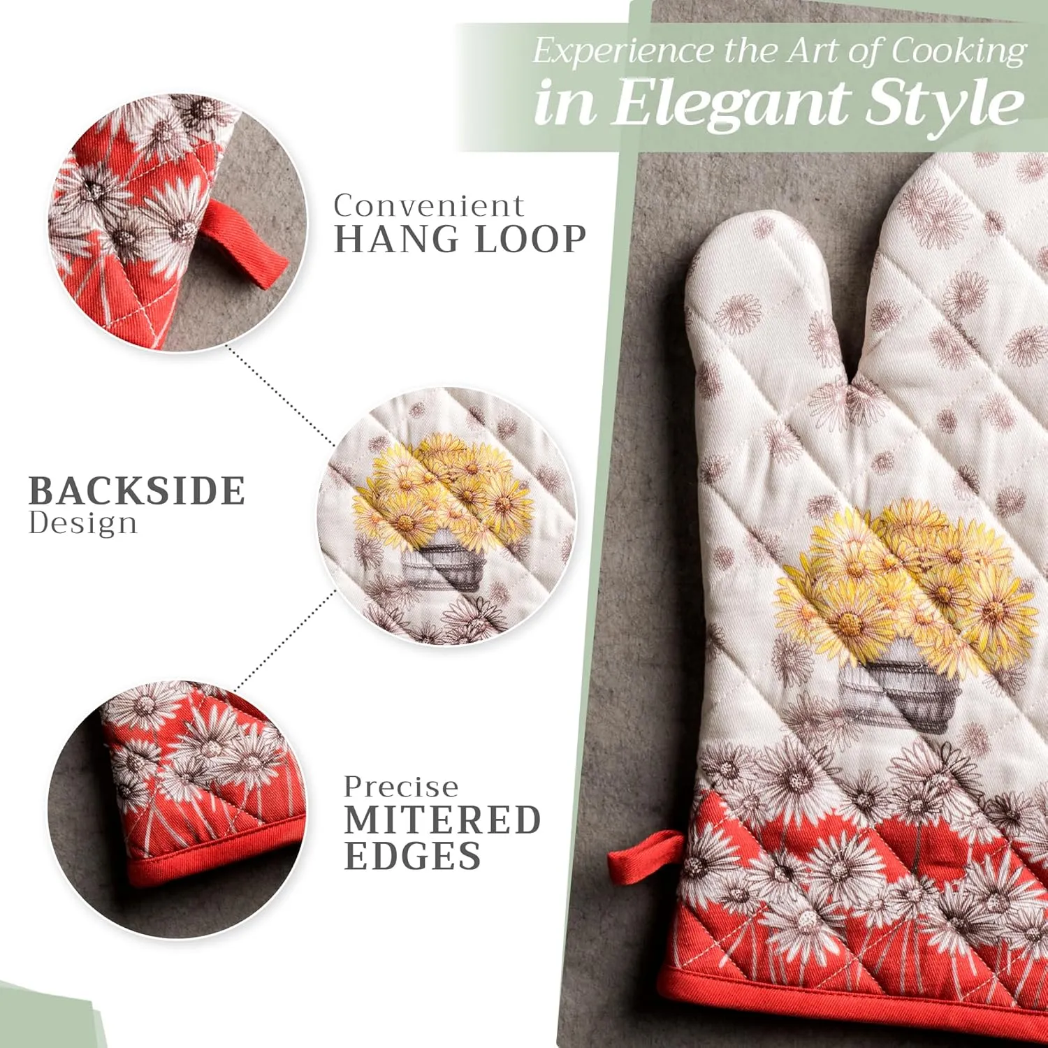 Maison d'Hermine Oven Gloves 100% Cotton Oven Mitt 7" x 13" with Loop Heat Resistant, BBQ, Cooking Gloves, Baking, Grilling, Kitchen, Handling Hot Pans (Pack of 1, Bagatelle)