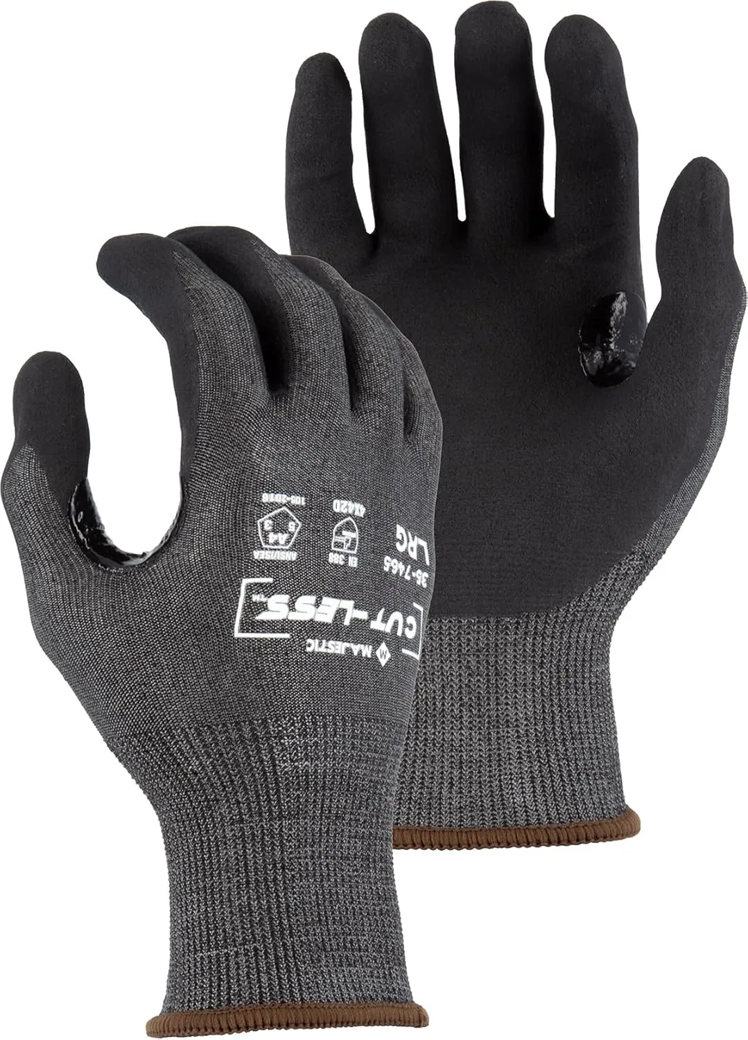 Majestic 35-7465/L Cut-Less Korplex Glove with Foam Nitrile Palm, Cut Resistant, Touch Screen Capable, Long Knit Cuff, Pre-Curved Finger Design, Large, Gray/Black