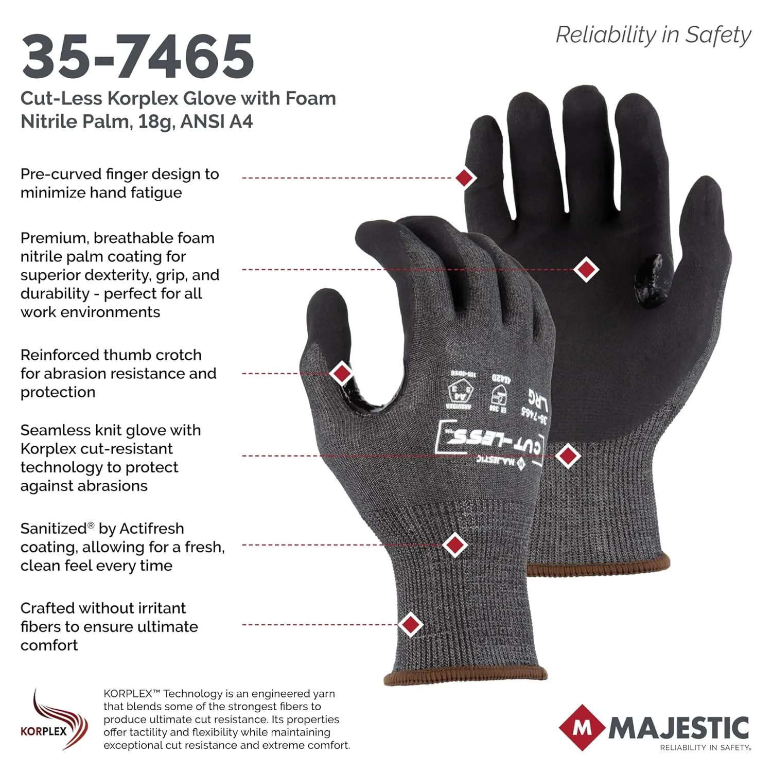 Majestic 35-7465/L Cut-Less Korplex Glove with Foam Nitrile Palm, Cut Resistant, Touch Screen Capable, Long Knit Cuff, Pre-Curved Finger Design, Large, Gray/Black