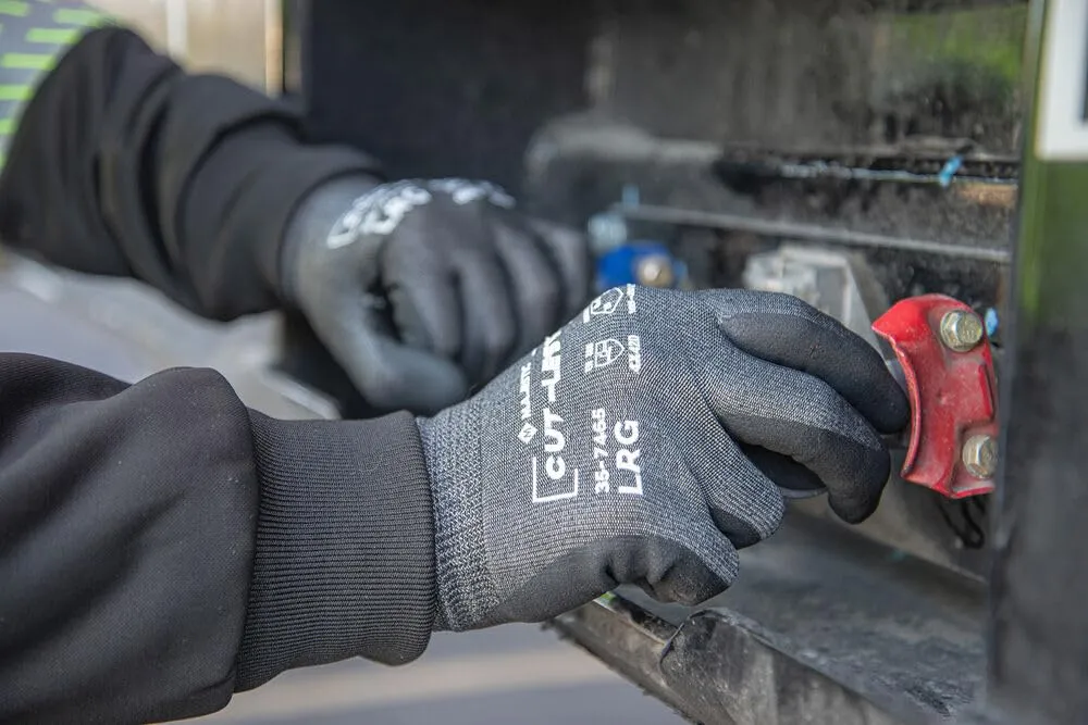 Majestic 35-7465/L Cut-Less Korplex Glove with Foam Nitrile Palm, Cut Resistant, Touch Screen Capable, Long Knit Cuff, Pre-Curved Finger Design, Large, Gray/Black