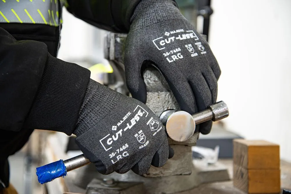 Majestic 35-7465/L Cut-Less Korplex Glove with Foam Nitrile Palm, Cut Resistant, Touch Screen Capable, Long Knit Cuff, Pre-Curved Finger Design, Large, Gray/Black