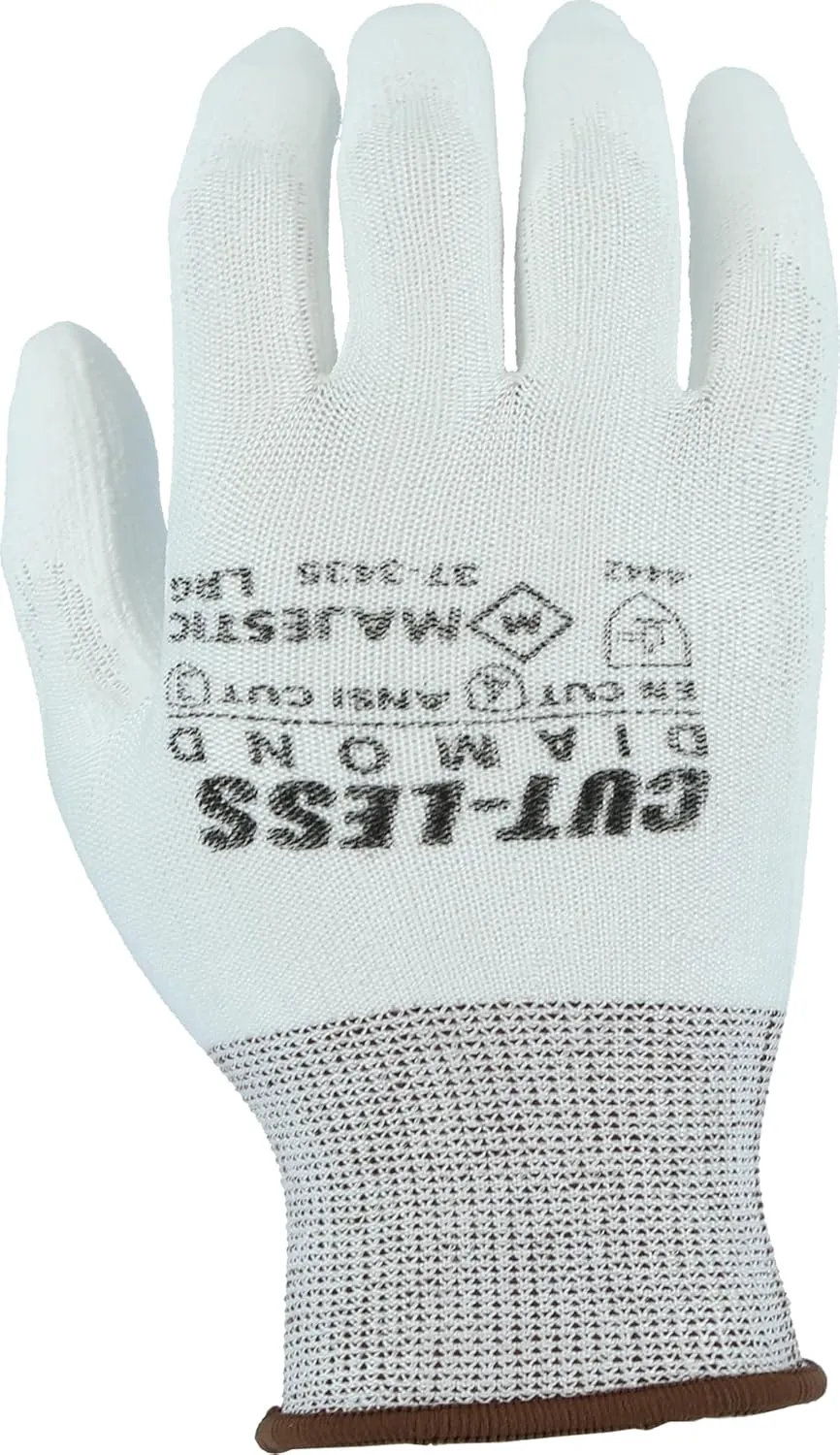 Majestic Cut-Less Dyneema Glove with Polyurethane Palm | 1 Dozen - MED | 13 Gauge Liner, ANSI A3, Lightweight Comfort, Breathable, White/White | for Automotive, Industrial, Manufacturing | 37-3435