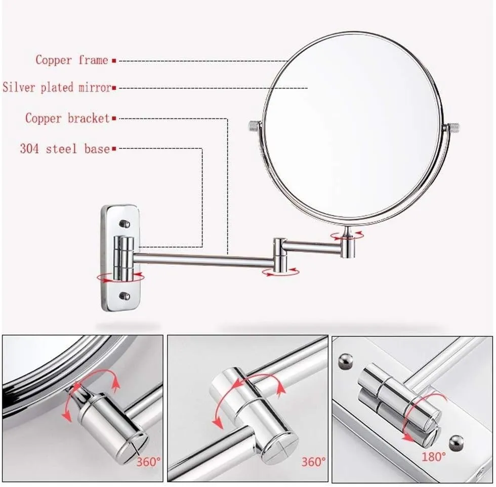 Makeup Mirror Foldable Wall-Mounted 6-inch Cosmetic Mirror Bathroom Round Metal 3X Magnification Double-Sided Mirror
