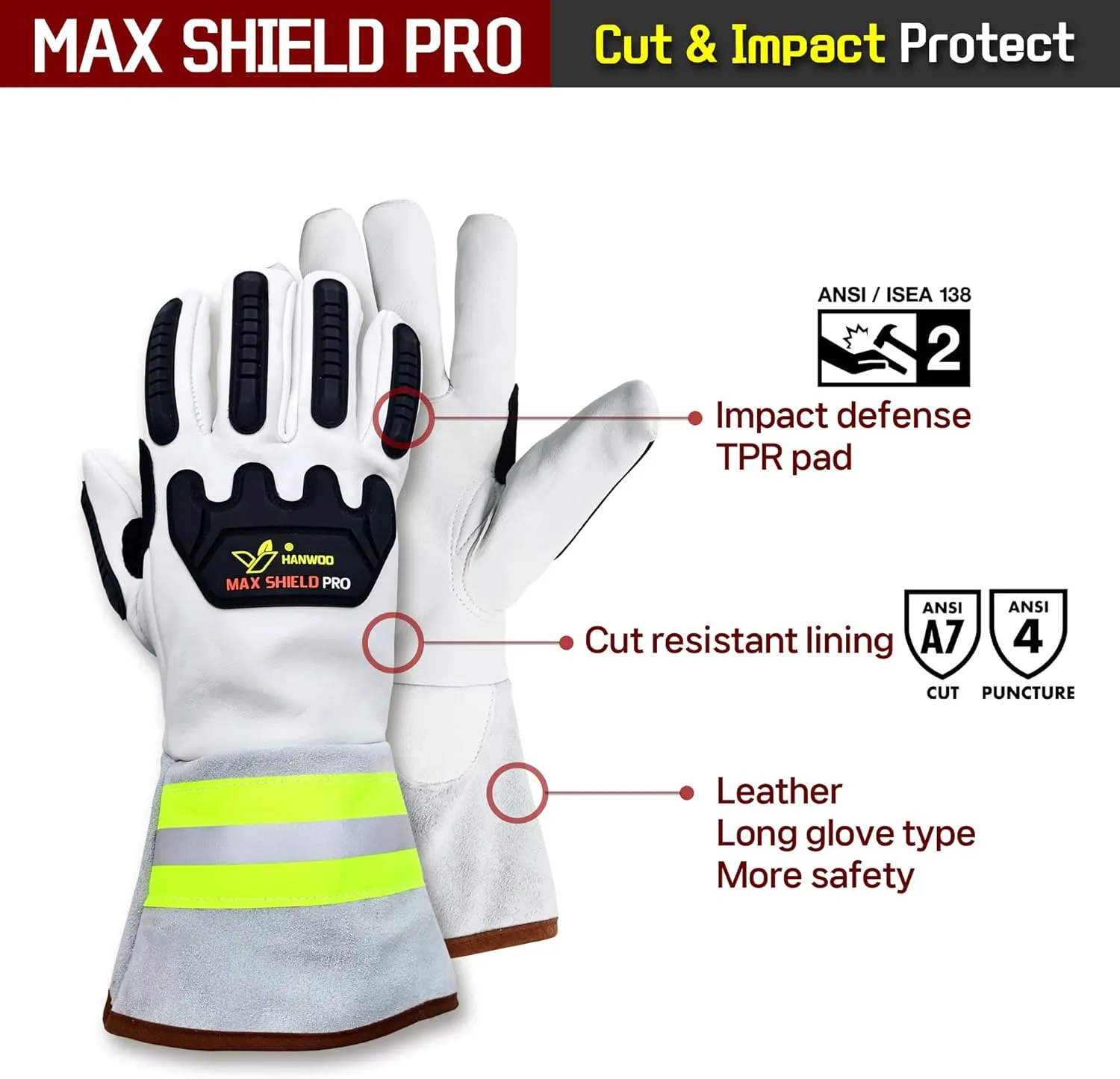 Max Shield Pro Chainsaw Gloves, MIG/TIG, Level 7 Cut Resistant, Level 4 Puncture Resistant, Level 2 Impact Protect