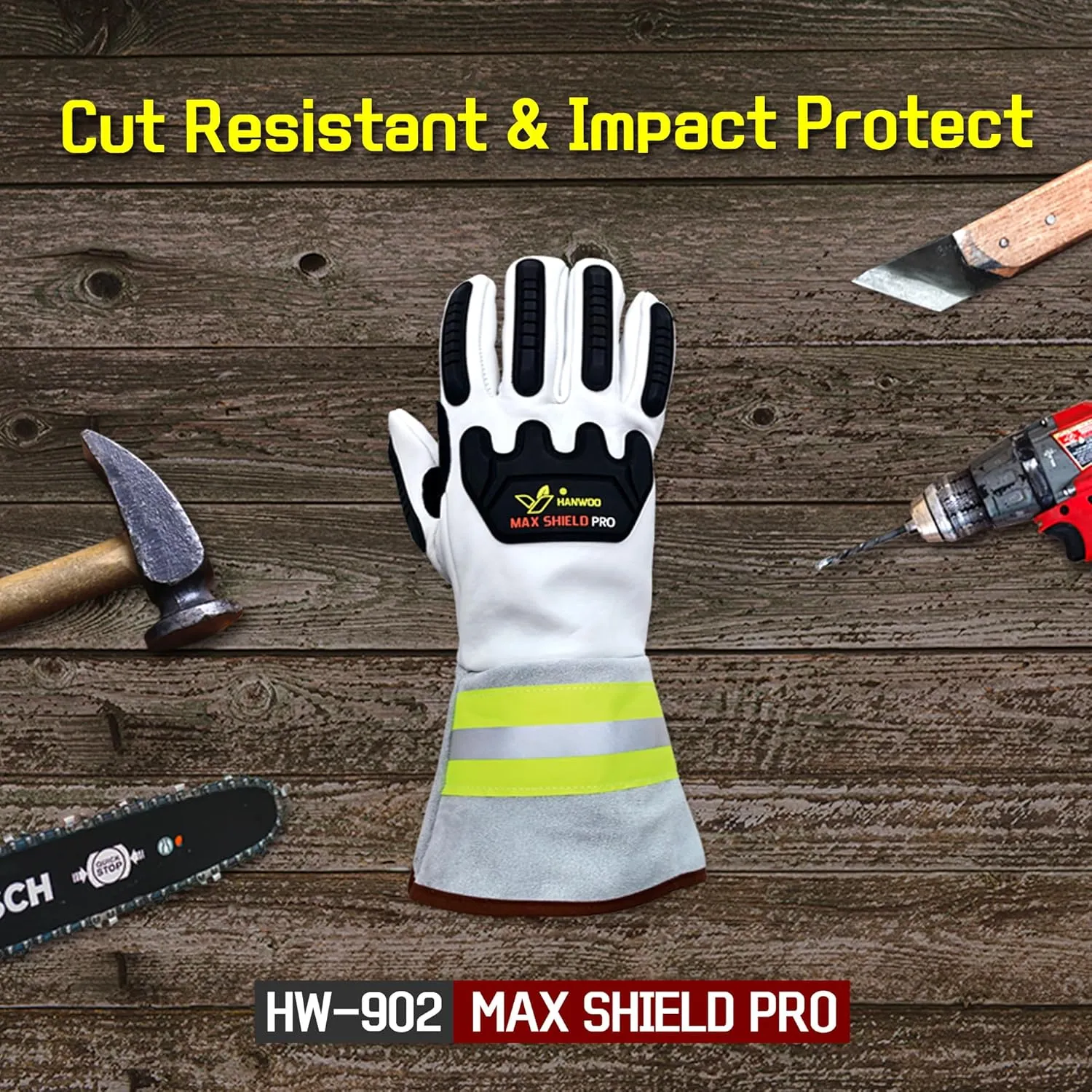 Max Shield Pro Chainsaw Gloves, MIG/TIG, Level 7 Cut Resistant, Level 4 Puncture Resistant, Level 2 Impact Protect