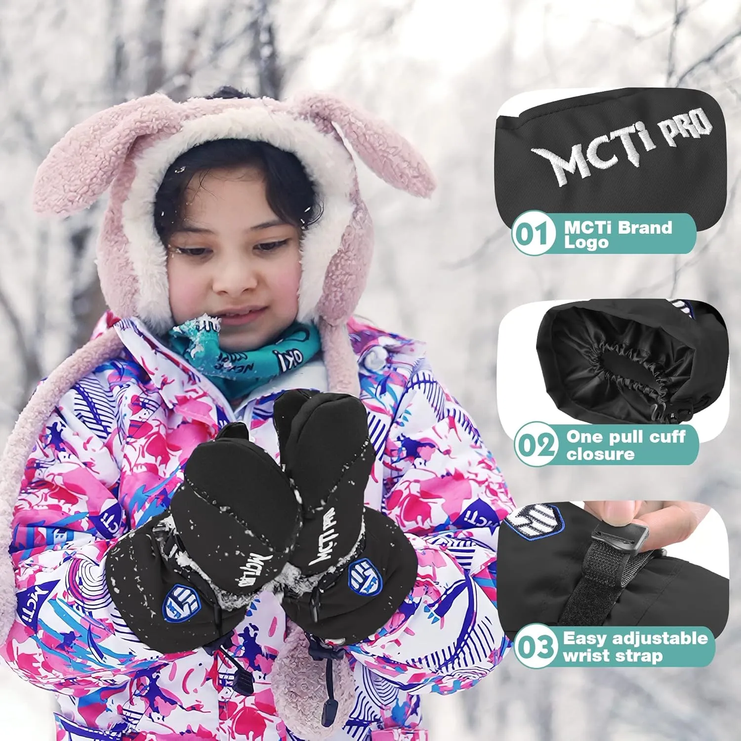MCTi Kids Mittens Waterproof Winter Ski Warm Sherpa Fleece Lined Removable Insert