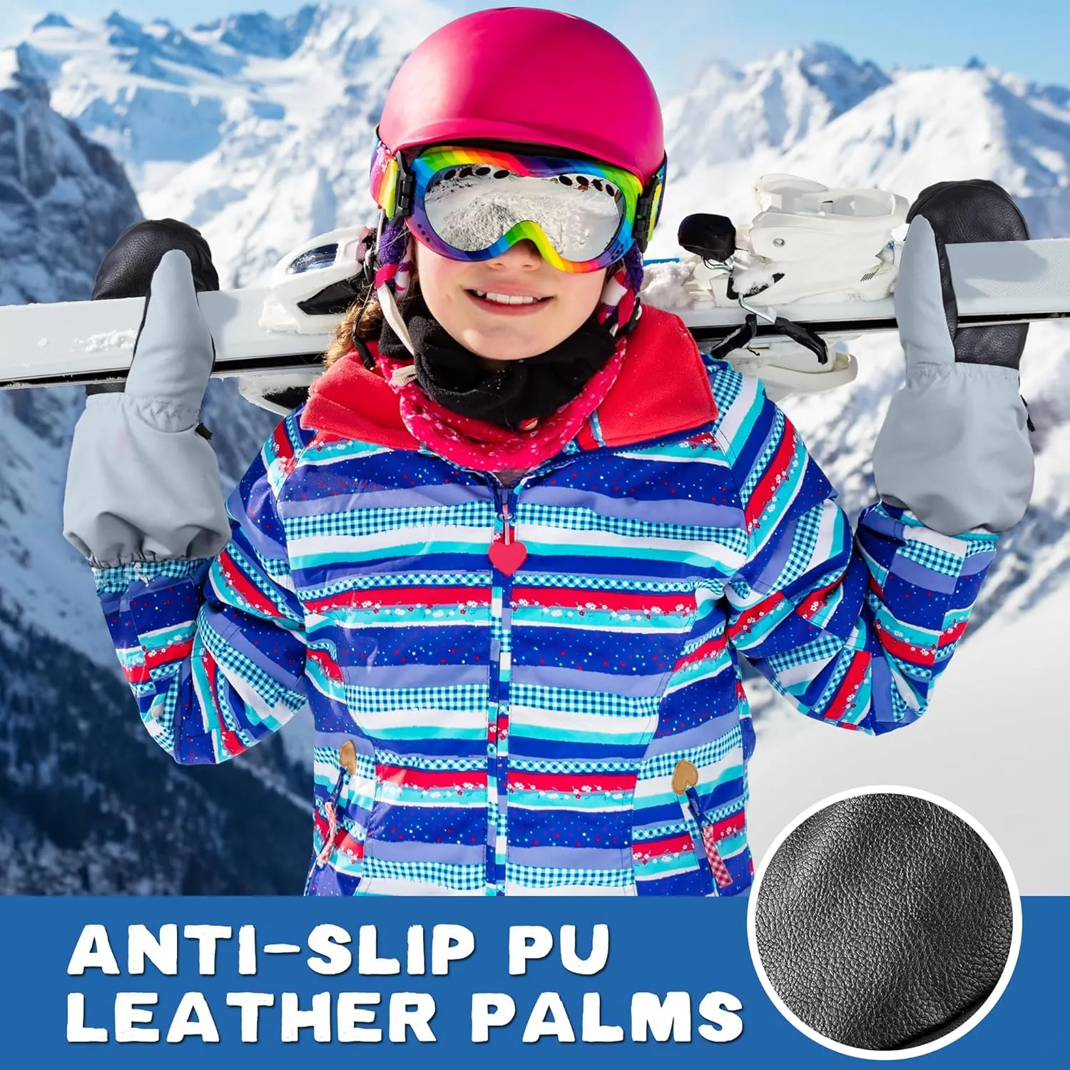 MCTi Kids Mittens Waterproof Winter Ski Warm Sherpa Lined Long Cuff with String