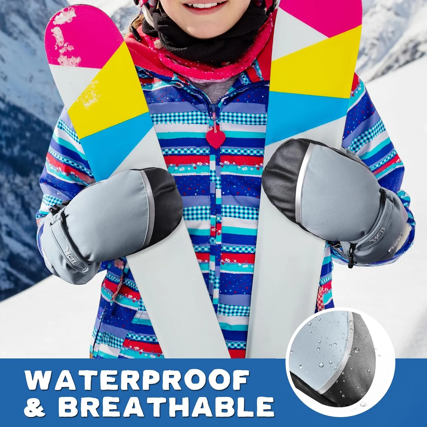 MCTi Kids Mittens Waterproof Winter Ski Warm Sherpa Lined Long Cuff with String